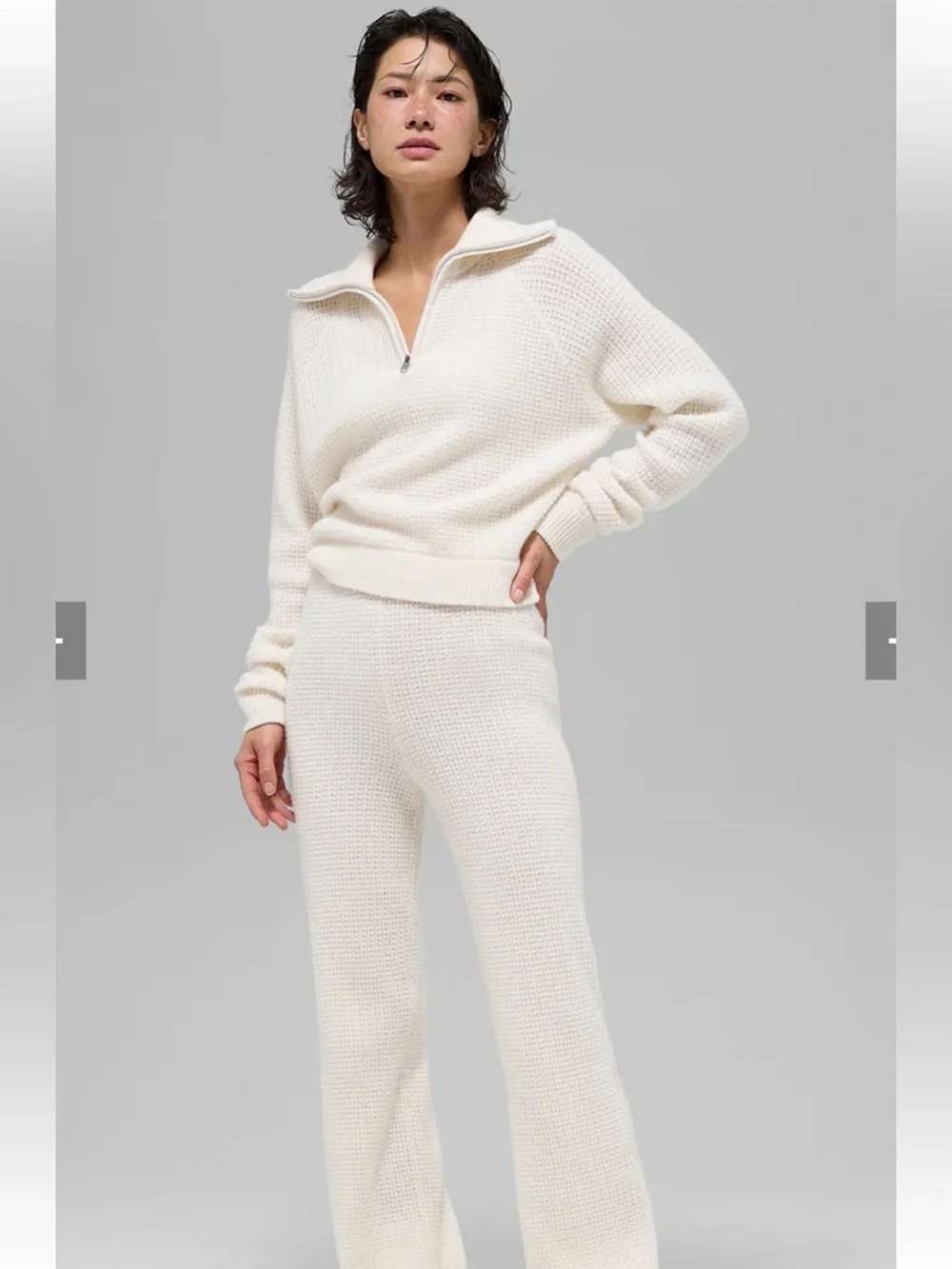 ALO Yoga Cream Half-Zip Cowl Waffle Knit Sweater